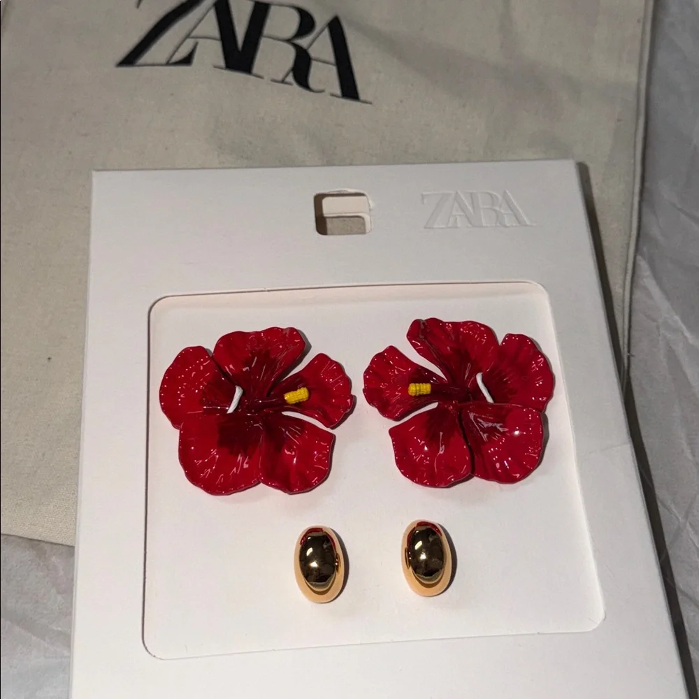 Zara tropical iconic flower & hoops earring 2 pack ,hibiscus, 🌺 amapola